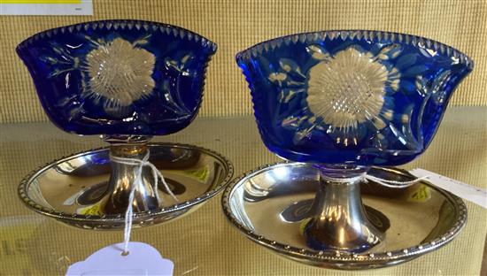 Pair Edwardian cut blue glass card holders, by Asprey